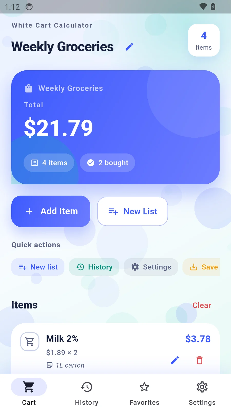 Shopping list overview screen